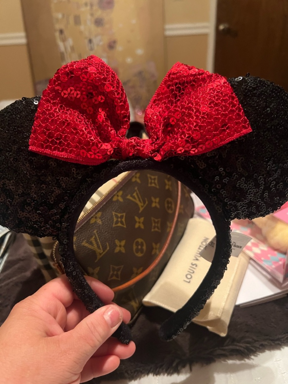Sequin Minnie Mouse Ear Headband with Red Bow